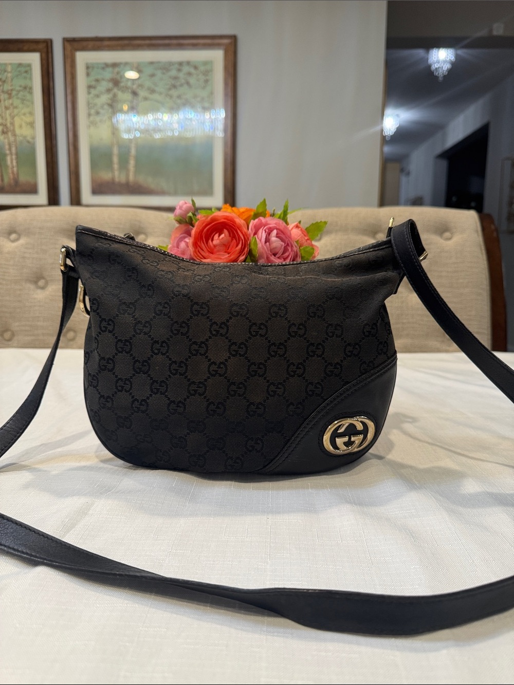 Authentic Gucci Black GG Monogram Crescent Shoulder Bag with Gold-Tone Emblem